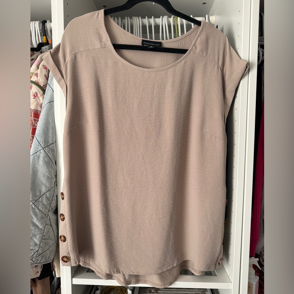 Casual Tan Short Sleeve Top with Button Detail - Picture 3 of 7